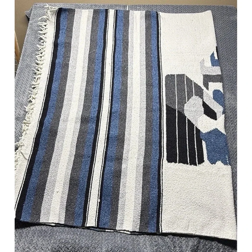 Vintage Mexican Serape Blanket Blue Gray Aztec Chief Pattern‎ 44x70 Handwoven
